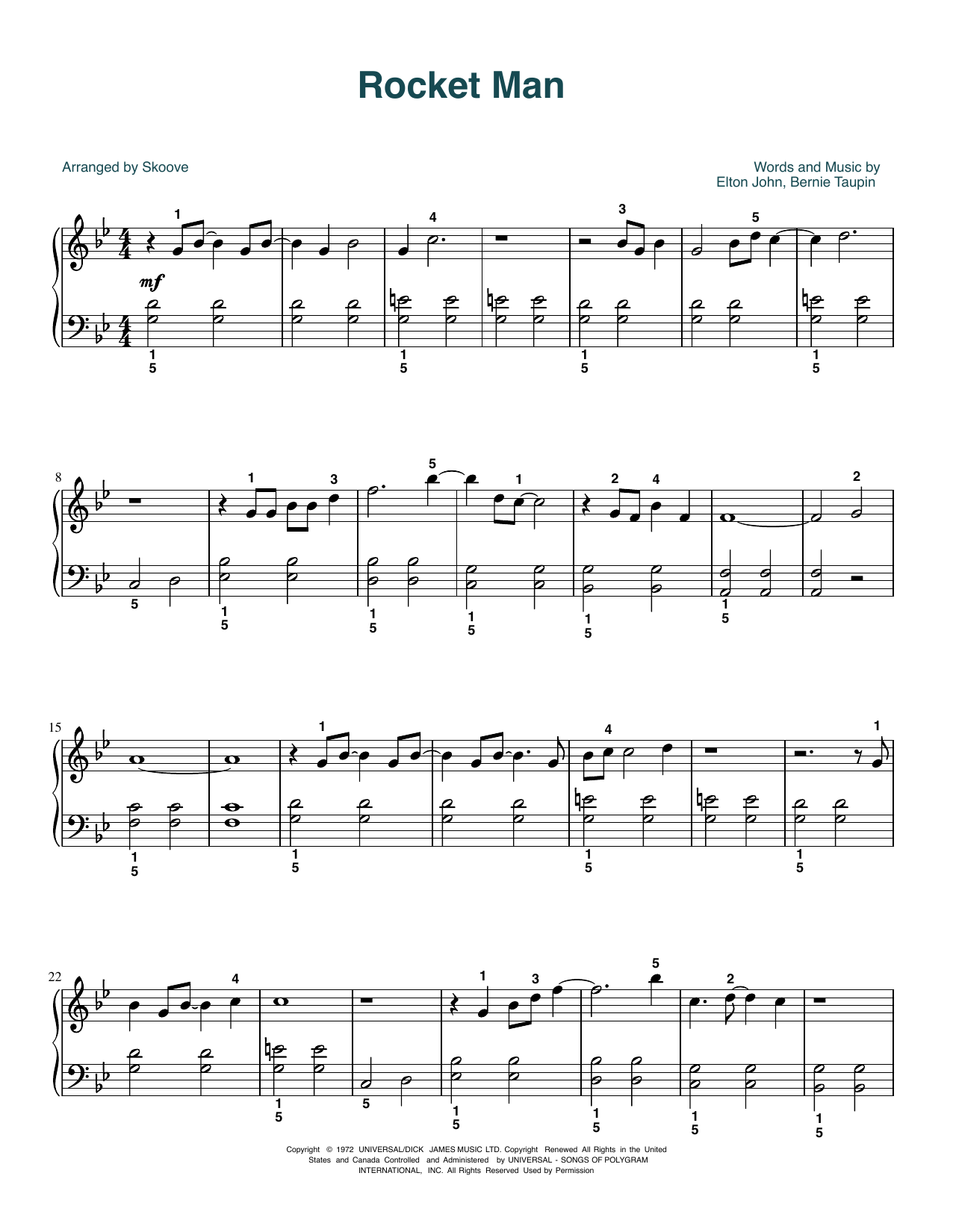 Elton John Rocket Man (I Think It's Gonna Be A Long Long Time) (arr. Skoove) Sheet Music Notes & Chords for Easy Piano - Download or Print PDF