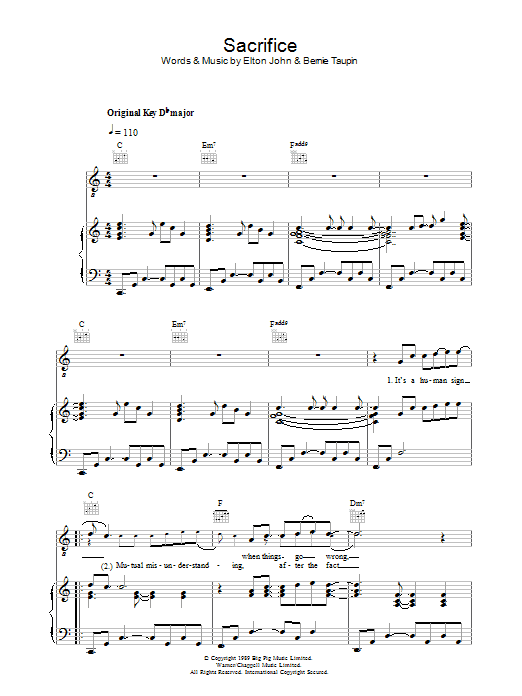 Elton John Sacrifice Sheet Music Notes & Chords for Easy Piano - Download or Print PDF