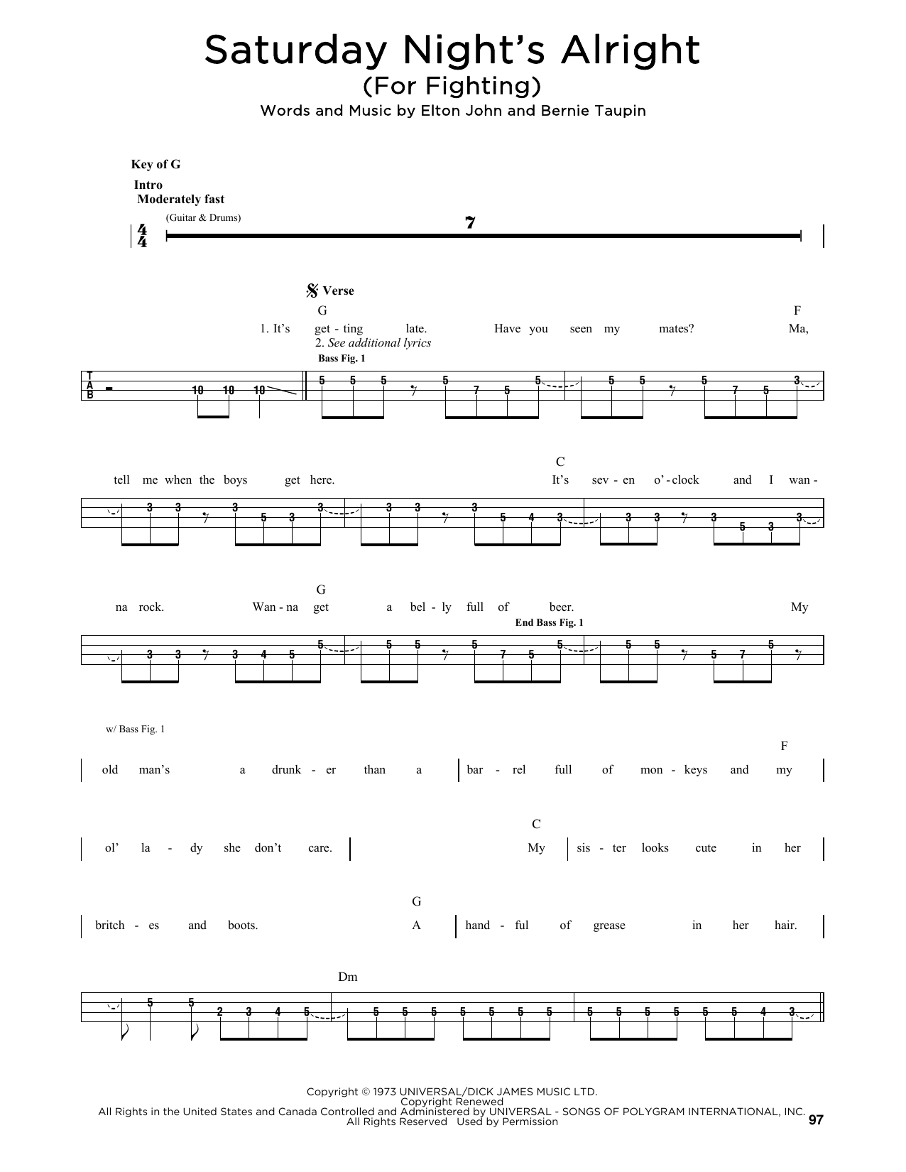Elton John Saturday Night's Alright (For Fighting) Sheet Music Notes & Chords for Lyrics & Chords - Download or Print PDF