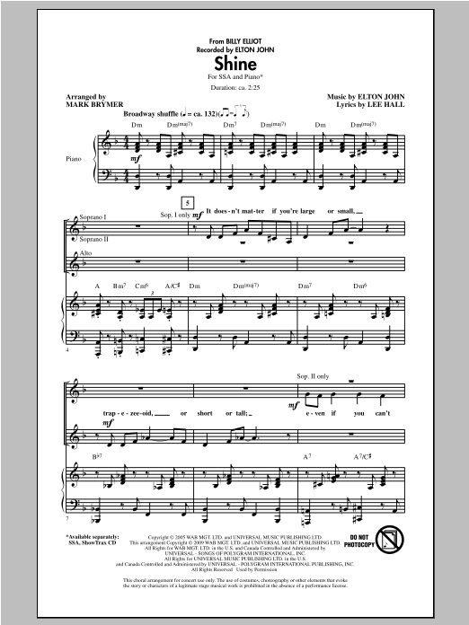 Elton John Shine (from Billy Elliot) (arr. Mark Brymer) Sheet Music Notes & Chords for SSA - Download or Print PDF