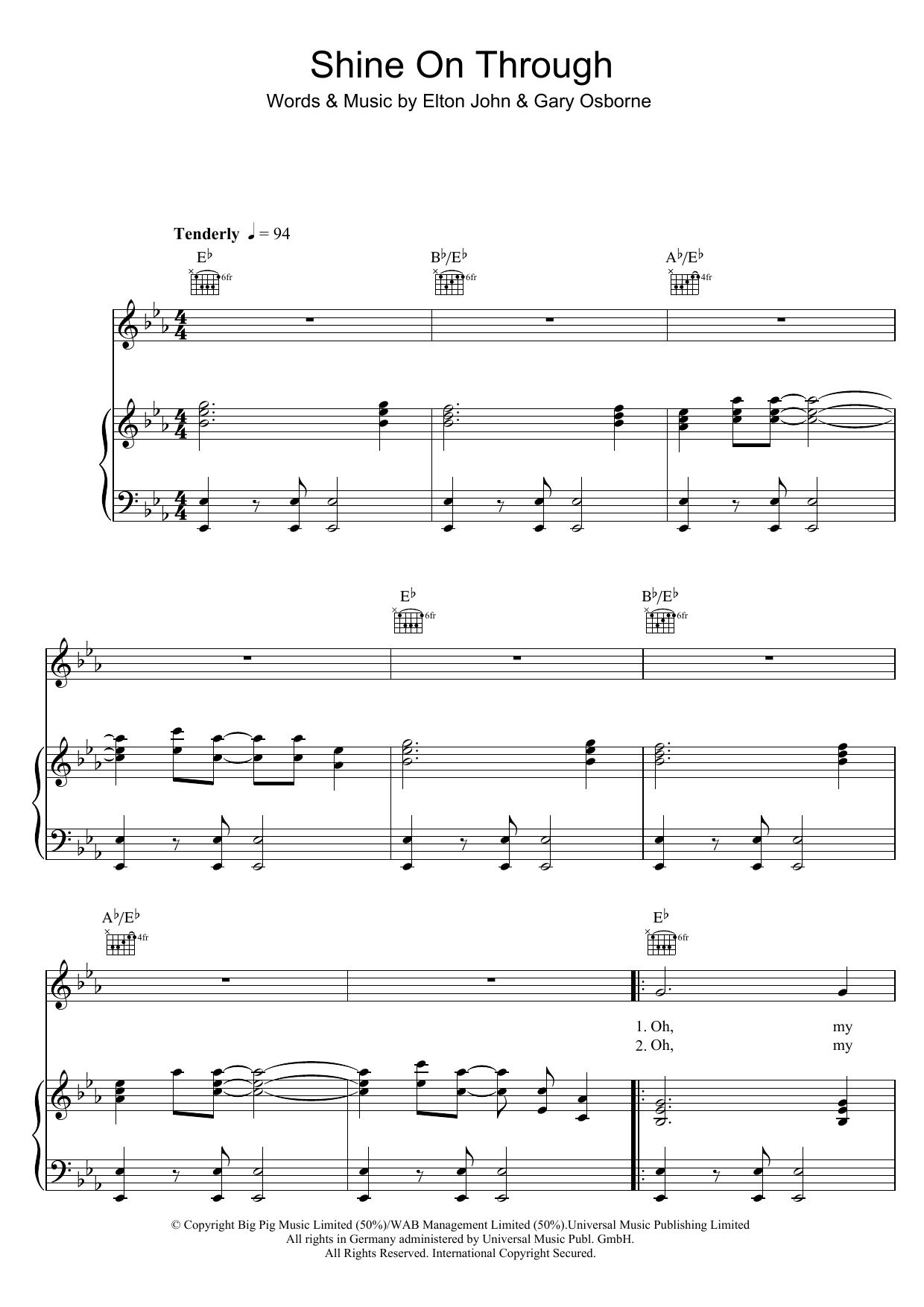 Elton John Shine On Through Sheet Music Notes & Chords for Piano, Vocal & Guitar (Right-Hand Melody) - Download or Print PDF