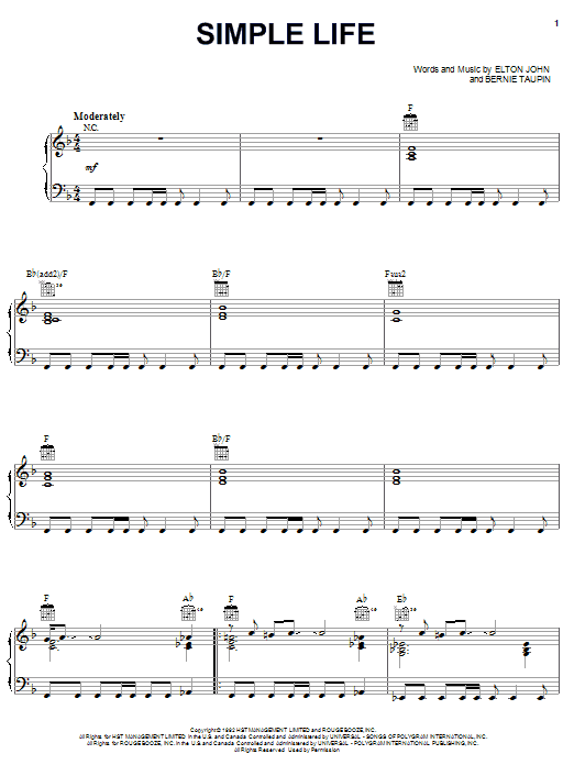 Elton John Simple Life Sheet Music Notes & Chords for Melody Line, Lyrics & Chords - Download or Print PDF