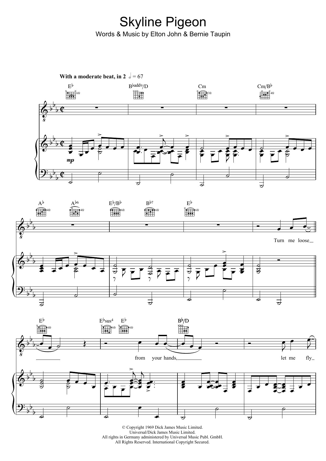 Elton John Skyline Pigeon Sheet Music Notes & Chords for Piano, Vocal & Guitar (Right-Hand Melody) - Download or Print PDF