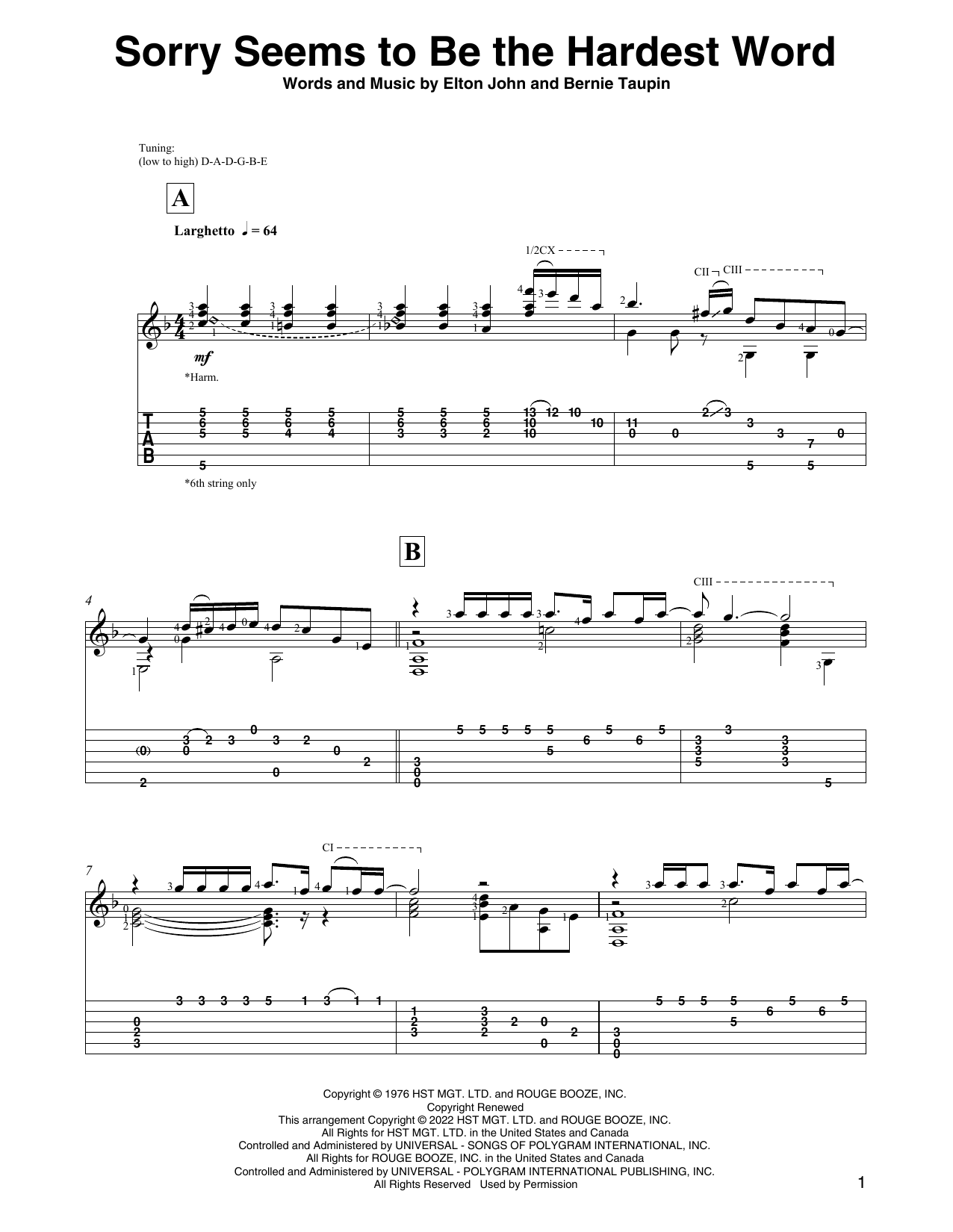 Elton John Sorry Seems To Be The Hardest Word (arr. David Jaggs) Sheet Music Notes & Chords for Solo Guitar - Download or Print PDF