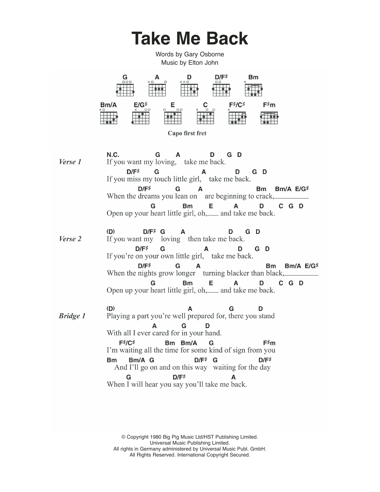 Elton John Take Me Back Sheet Music Notes & Chords for Lyrics & Chords - Download or Print PDF