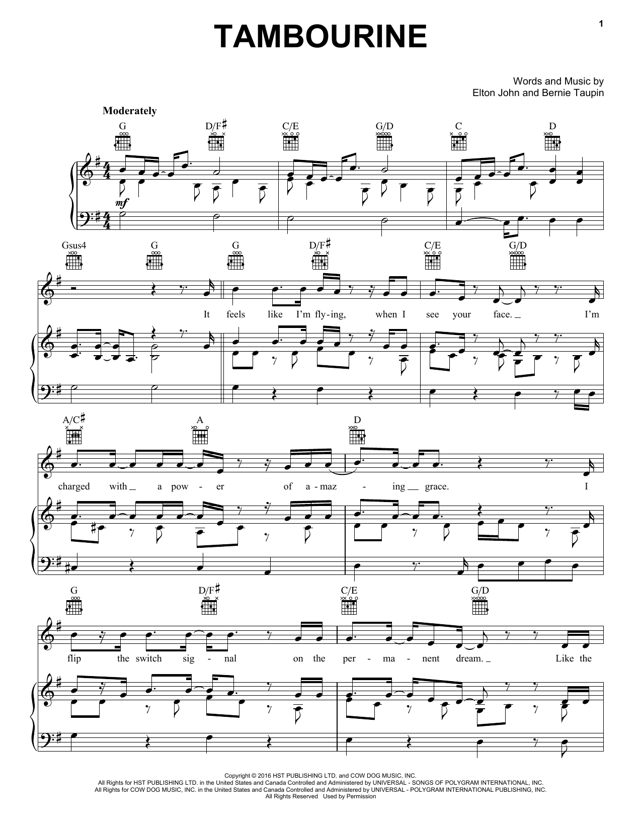 Elton John Tambourine Sheet Music Notes & Chords for Piano, Vocal & Guitar (Right-Hand Melody) - Download or Print PDF