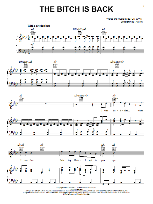 Elton John The Bitch Is Back Sheet Music Notes & Chords for Melody Line, Lyrics & Chords - Download or Print PDF