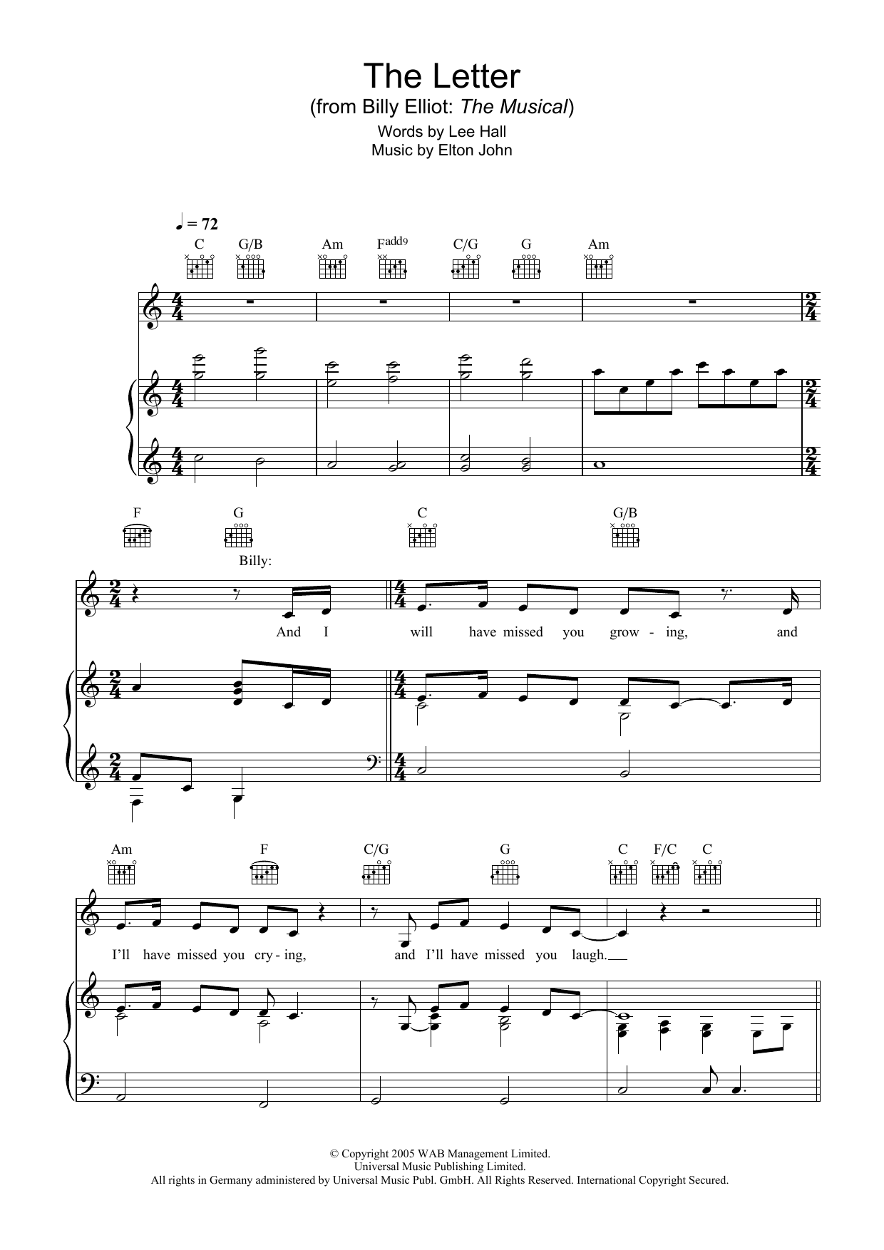Elton John The Letter Sheet Music Notes & Chords for Piano, Vocal & Guitar (Right-Hand Melody) - Download or Print PDF
