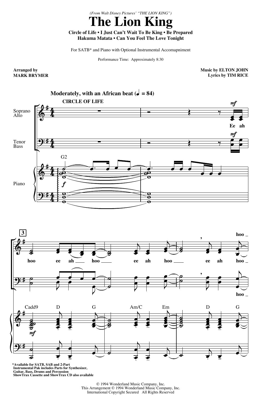 Elton John The Lion King (Medley) (arr. Mark Brymer) Sheet Music Notes & Chords for SAB Choir - Download or Print PDF