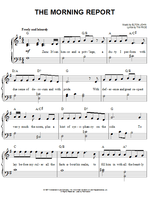 Elton John The Morning Report (from The Lion King: Broadway Musical) Sheet Music Notes & Chords for Melody Line, Lyrics & Chords - Download or Print PDF