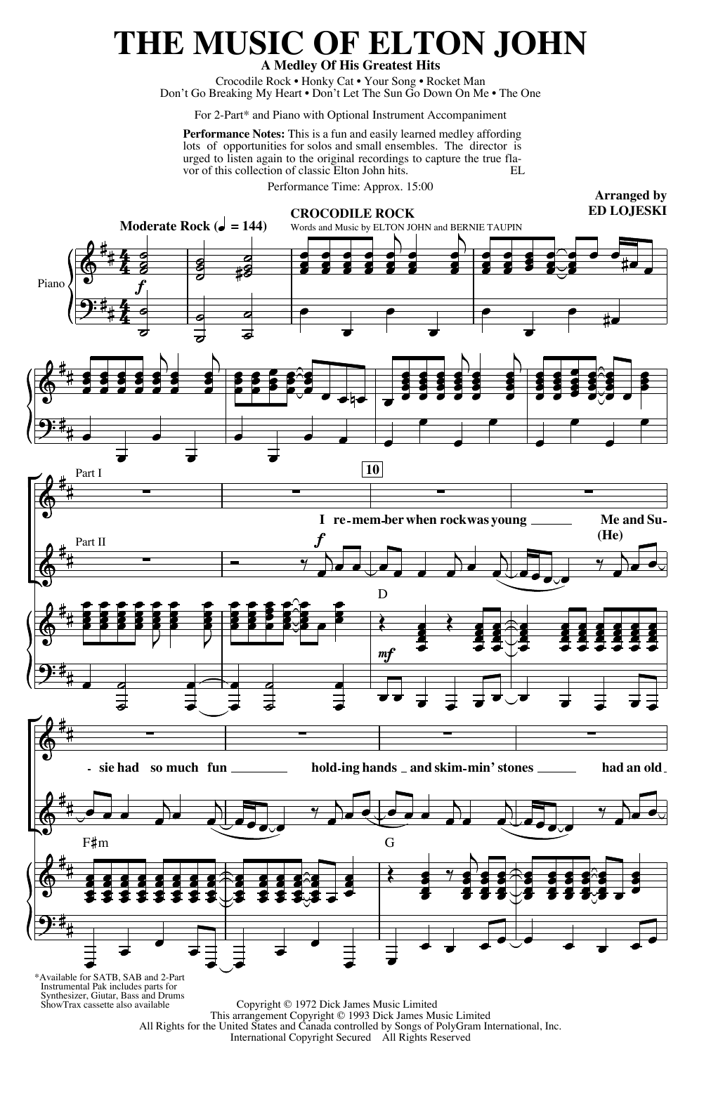 Elton John The Music of Elton John (A Medley Of His Greatest Hits) (arr. Ed Lojeski) Sheet Music Notes & Chords for 2-Part Choir - Download or Print PDF
