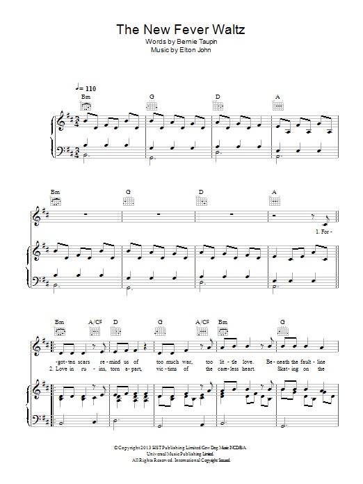 Elton John The New Fever Waltz Sheet Music Notes & Chords for Piano, Vocal & Guitar (Right-Hand Melody) - Download or Print PDF