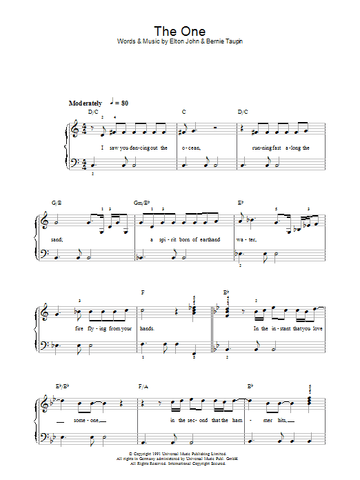 Elton John The One Sheet Music Notes & Chords for Melody Line, Lyrics & Chords - Download or Print PDF