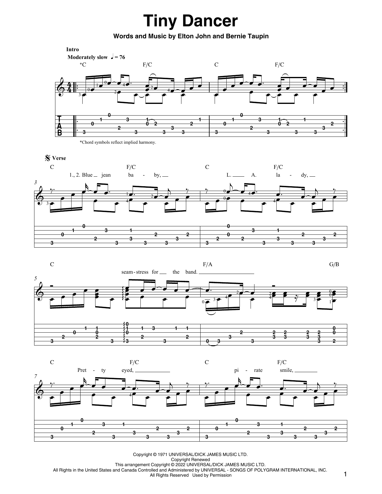Elton John Tiny Dancer (arr. Ben Pila) Sheet Music Notes & Chords for Solo Guitar - Download or Print PDF