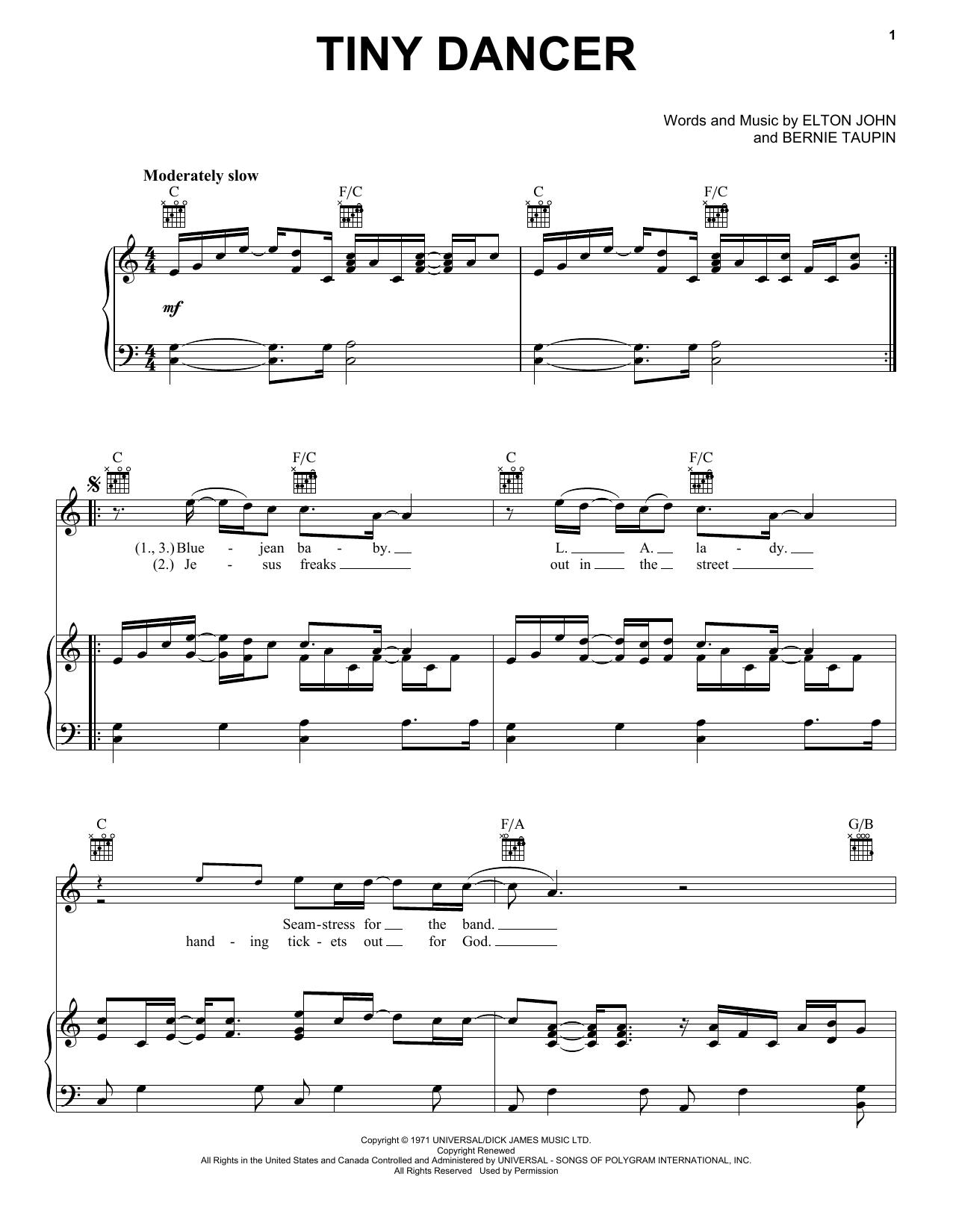 Elton John Tiny Dancer Sheet Music Notes & Chords for Piano, Vocal & Guitar (Right-Hand Melody) - Download or Print PDF
