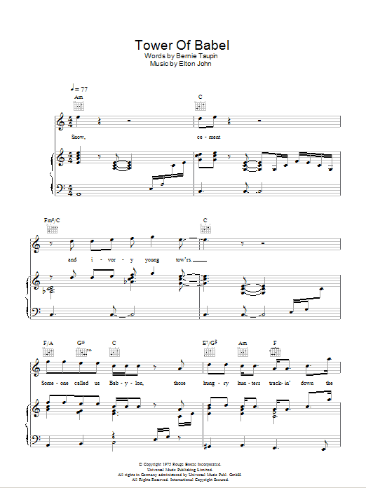 Elton John Tower Of Babel Sheet Music Notes & Chords for Lyrics & Chords - Download or Print PDF