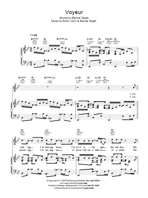 Elton John Voyeur Sheet Music Notes & Chords for Piano, Vocal & Guitar (Right-Hand Melody) - Download or Print PDF