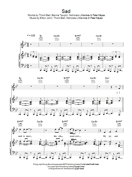 Elton John vs. Pnau Sad Sheet Music Notes & Chords for Piano, Vocal & Guitar (Right-Hand Melody) - Download or Print PDF