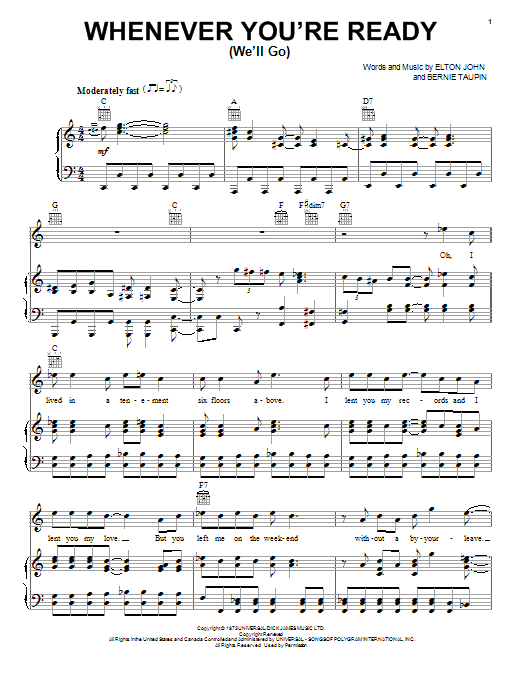Elton John Whenever You're Ready (We'll Go) Sheet Music Notes & Chords for Piano, Vocal & Guitar (Right-Hand Melody) - Download or Print PDF