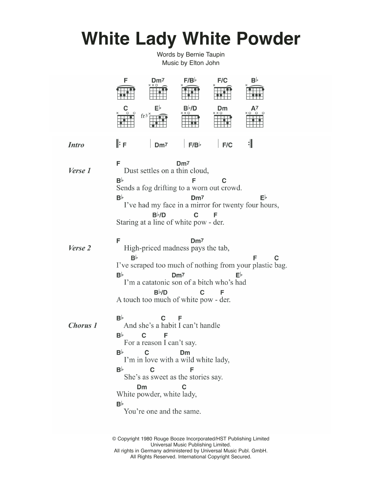 Elton John White Lady White Powder Sheet Music Notes & Chords for Lyrics & Chords - Download or Print PDF