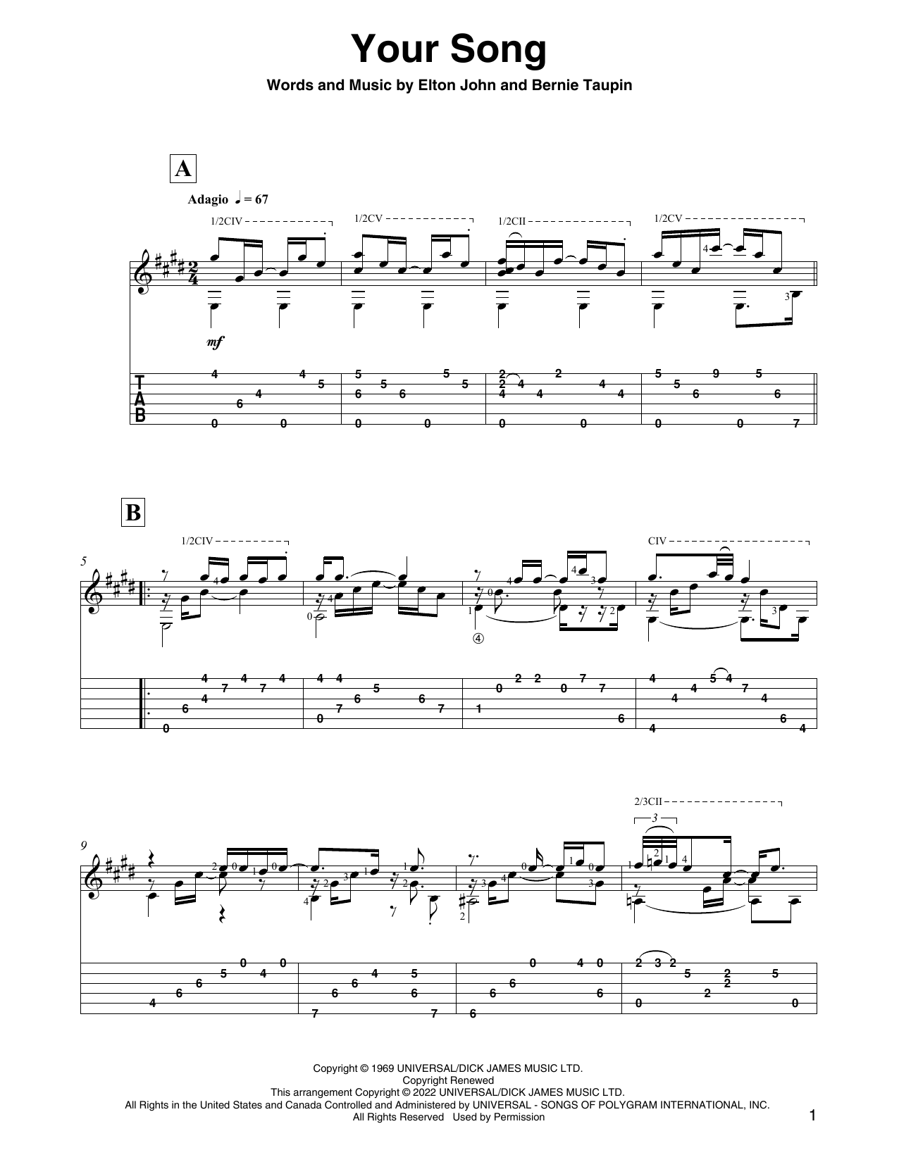 Elton John Your Song (arr. David Jaggs) Sheet Music Notes & Chords for Solo Guitar - Download or Print PDF Elton John Your Song (arr. David Jaggs) Sheet Music Notes & Chords for Solo Guitar - Download or Print PDF