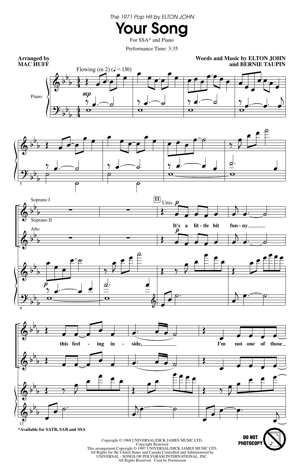 Elton John Your Song (arr. Mac Huff) Sheet Music Notes & Chords for SAB Choir - Download or Print PDF