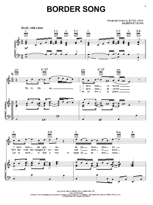 Preview Elton John Border Song Pop sheet music, notes and chords for Piano, Vocal & Guitar, SKU: 32760 Border Song sheet music