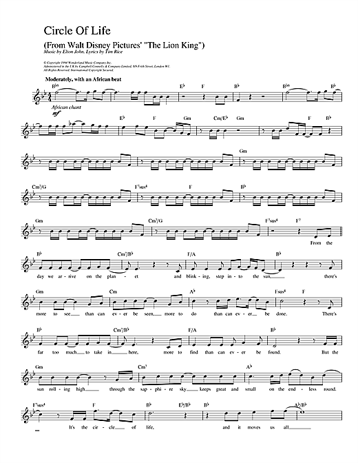 Preview Elton John Circle Of Life (from The Lion King) Film and TV sheet music, notes and chords for Melody Line, Lyrics & Chords, SKU: 13998 sheet music, piano notes, chords, guitar tabs, score, transpose, transcribe, how to play, guide, download, learn, tutorial, progression, song, artist, awards, billboard, mtv, vh1, tour, single, album, release