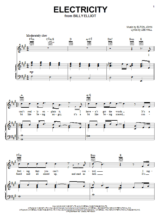 Preview Elton John Electricity Musicals sheet music, notes and chords for Alto Saxophone, SKU: 48337 Electricity sheet music