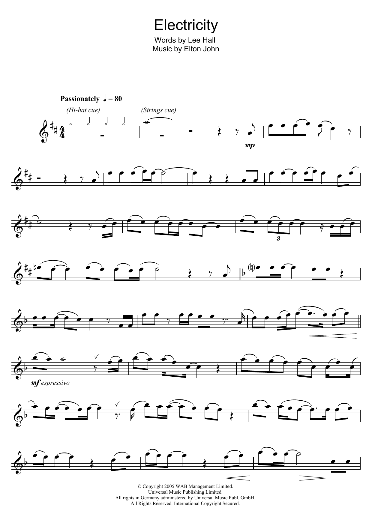 Preview Elton John Electricity (from Billy Elliot: The Musical) Children sheet music, notes and chords for Flute, SKU: 48335 Electricity (from Billy Elliot: The Musical) sheet music