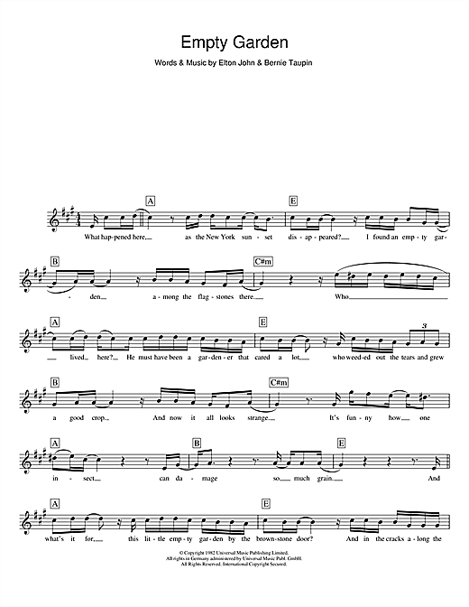 Preview Elton John Empty Garden Rock sheet music, notes and chords for Piano, Vocal & Guitar, SKU: 48638 Empty Garden sheet music