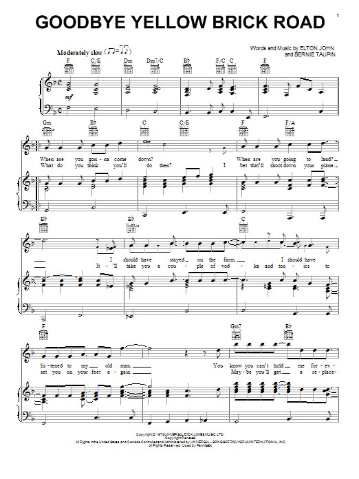 Preview Elton John Goodbye Yellow Brick Road Rock sheet music, notes and chords for Piano, Vocal & Guitar, SKU: 32692 Goodbye Yellow Brick Road sheet music