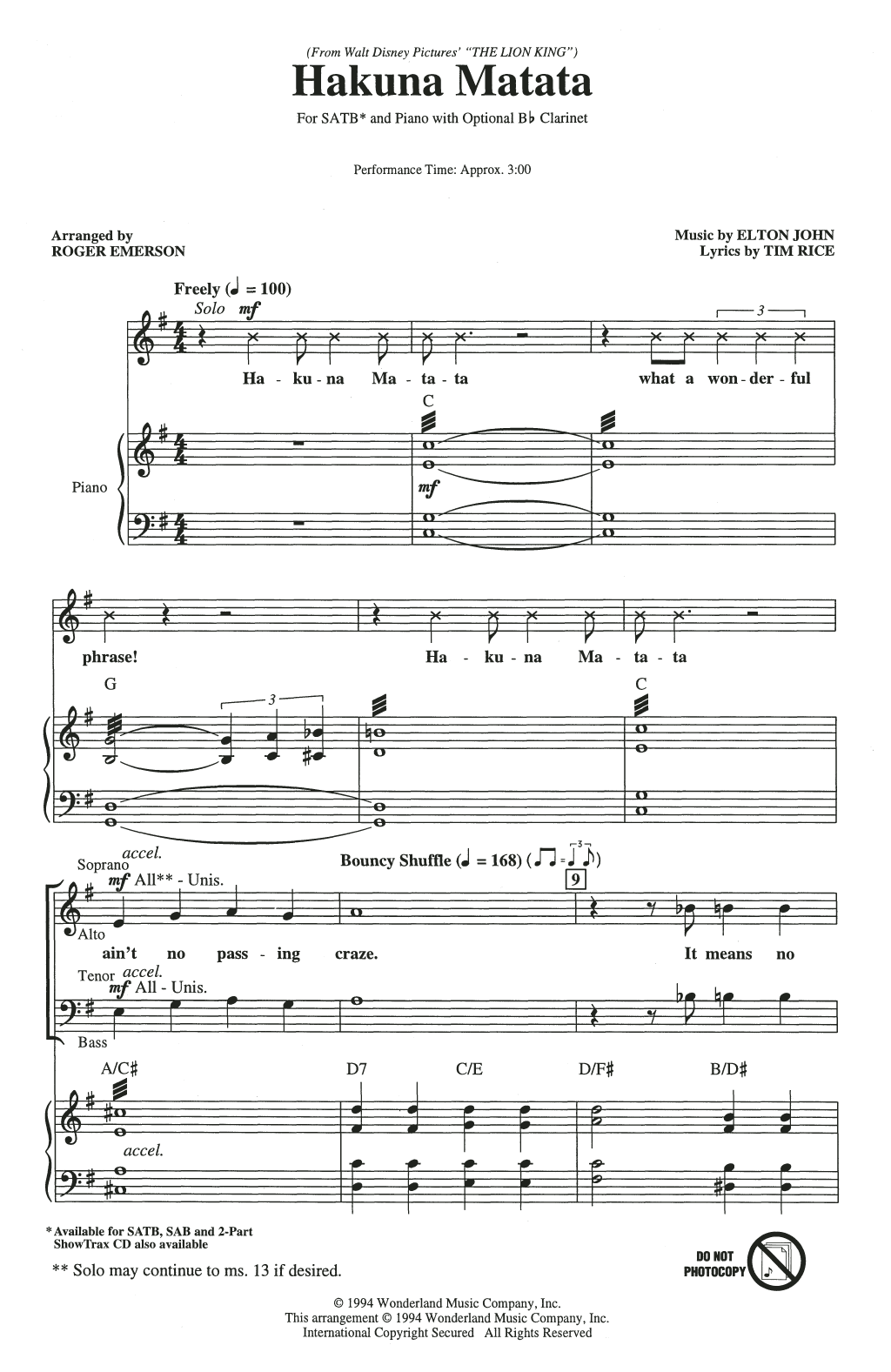 Elton John "Hakuna Matata (from Disney's The Lion King) (arr. Roger ...