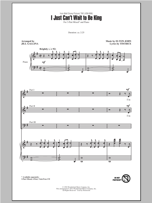 Preview Elton John I Just Can't Wait To Be King (arr. Jill Gallina) Broadway sheet music, notes and chords for 2-Part Choir, SKU: 94039 I Just Can't Wait To Be King (arr. Jill Gallina) sheet music