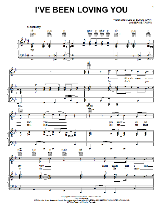 Preview Elton John I've Been Loving You Rock sheet music, notes and chords for Piano, Vocal & Guitar (Right-Hand Melody), SKU: 84803 I've Been Loving You sheet music