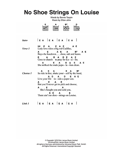 Elton John No Shoe Strings On Louise Sheet Music Notes & Chords for Lyrics & Chords - Download or Print PDF
