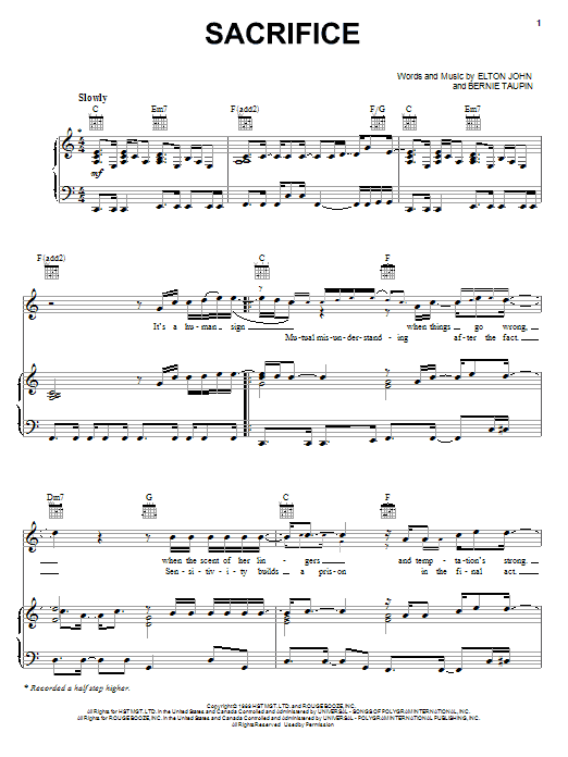 Preview Elton John Sacrifice Pop sheet music, notes and chords for Piano, Vocal & Guitar (Right-Hand Melody), SKU: 32957 Sacrifice sheet music