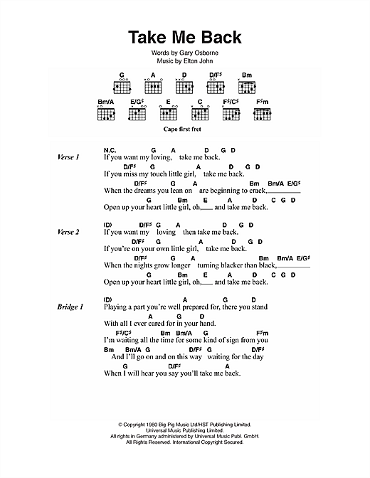 Elton John Take Me Back Sheet Music Notes & Chords for Lyrics & Chords - Download or Print PDF