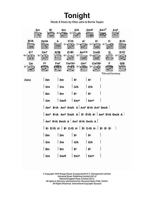 Preview Elton John Tonight Pop sheet music, notes and chords for Piano, Vocal & Guitar, SKU: 32755 Tonight sheet music