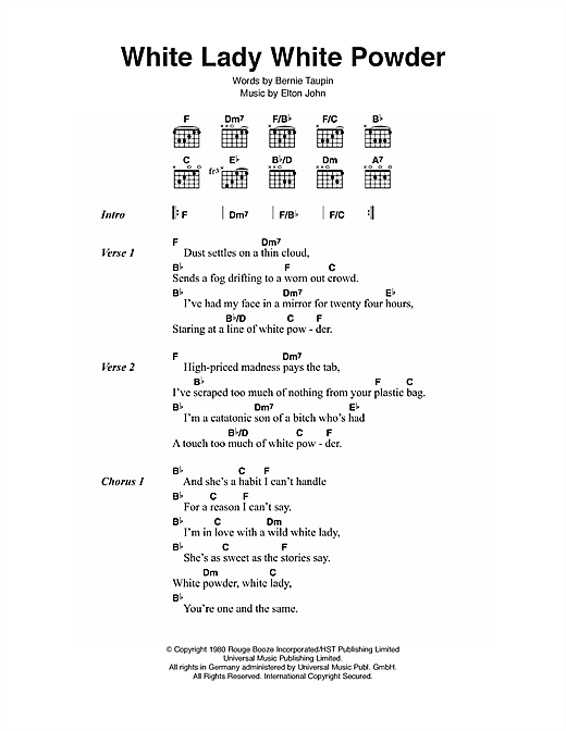 Elton John White Lady White Powder Sheet Music Notes & Chords for Lyrics & Chords - Download or Print PDF