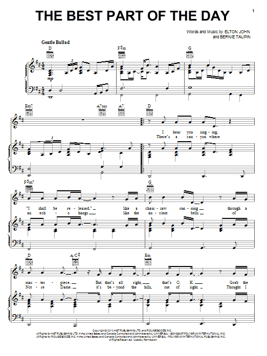 Preview Elton John & Leon Russell The Best Part Of The Day Rock sheet music, notes and chords for Piano, Vocal & Guitar (Right-Hand Melody), SKU: 82267 The Best Part Of The Day sheet music