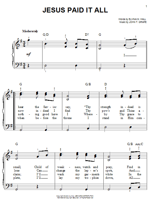 Elvina M. Hall Jesus Paid It All Sheet Music Notes & Chords for Lyrics & Chords - Download or Print PDF