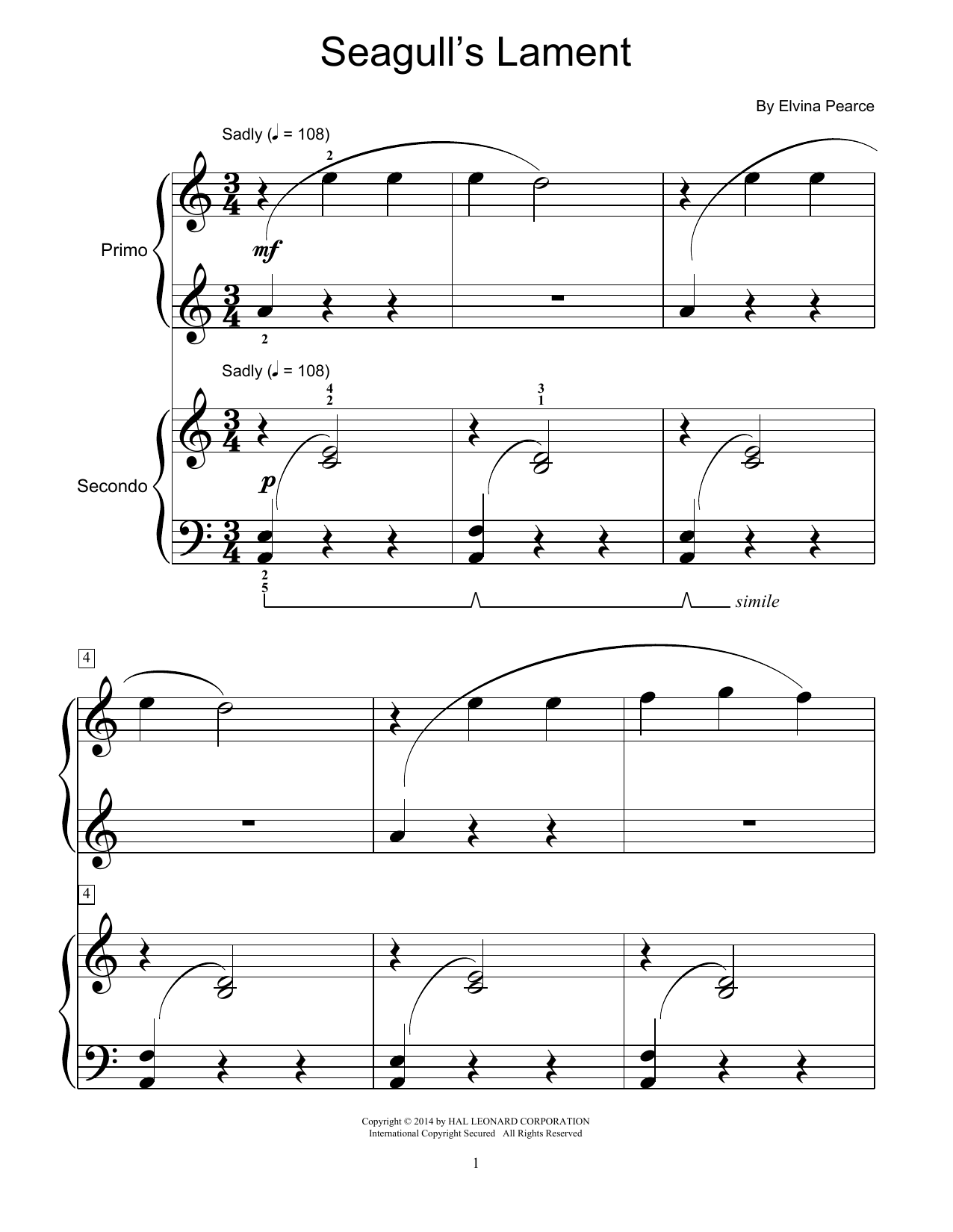 Elvina Pearce Seagull's Lament Sheet Music Notes & Chords for Piano Duet - Download or Print PDF