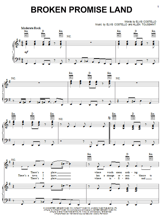 Elvis Costello & Allen Toussaint Broken Promise Land Sheet Music Notes & Chords for Piano, Vocal & Guitar (Right-Hand Melody) - Download or Print PDF