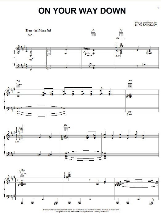 Elvis Costello & Allen Toussaint On Your Way Down Sheet Music Notes & Chords for Piano, Vocal & Guitar (Right-Hand Melody) - Download or Print PDF