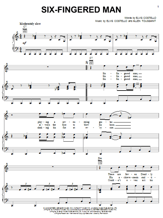 Elvis Costello & Allen Toussaint Six-Fingered Man Sheet Music Notes & Chords for Piano, Vocal & Guitar (Right-Hand Melody) - Download or Print PDF