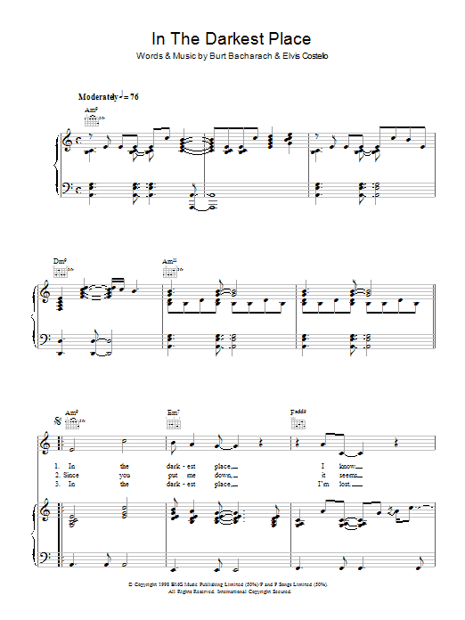 Elvis Costello & Burt Bacharach In The Darkest Place Sheet Music Notes & Chords for Piano, Vocal & Guitar (Right-Hand Melody) - Download or Print PDF