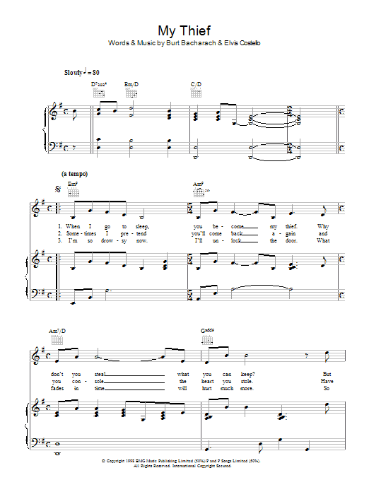 Elvis Costello & Burt Bacharach My Thief Sheet Music Notes & Chords for Piano, Vocal & Guitar (Right-Hand Melody) - Download or Print PDF