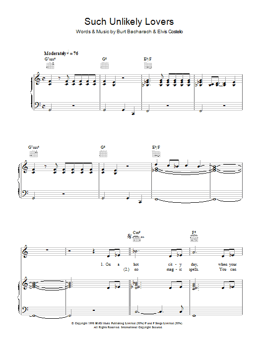 Elvis Costello & Burt Bacharach Such Unlikely Lovers Sheet Music Notes & Chords for Piano, Vocal & Guitar (Right-Hand Melody) - Download or Print PDF