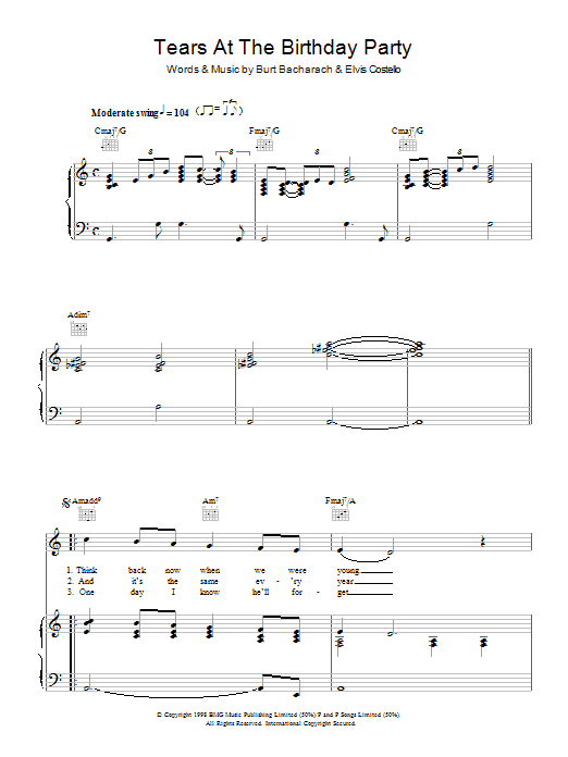 Elvis Costello & Burt Bacharach Tears At The Birthday Party Sheet Music Notes & Chords for Piano, Vocal & Guitar (Right-Hand Melody) - Download or Print PDF